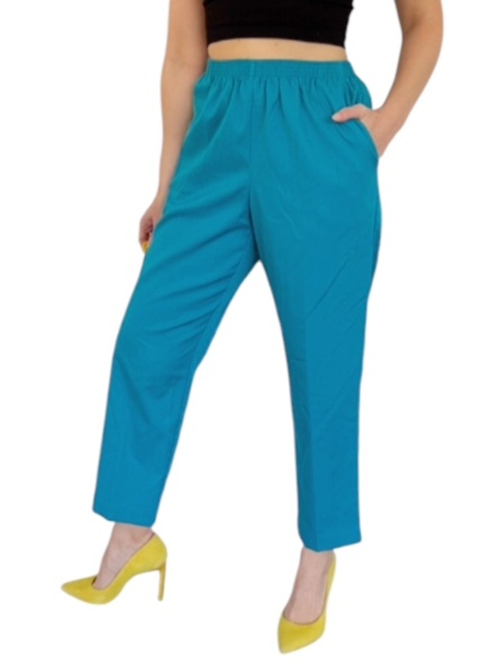 Alfred Dunner Petite teal blue elastic waist straight leg casual trousers size 8